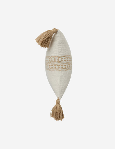 #color::natural-and-khaki #style::lumbar | Side view of the Marchesa natural and khaki indoor and outdoor lumbar pillow with tasseled corners