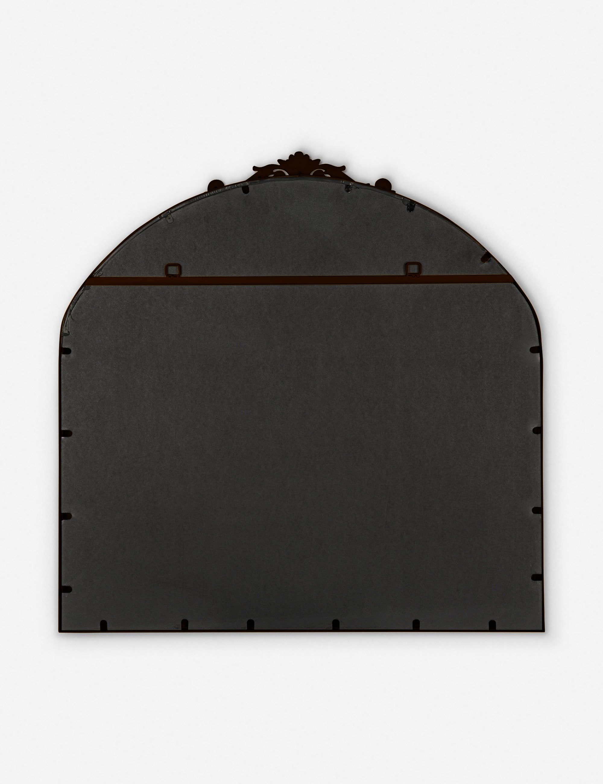 Rear view of the Tulca arched oil rubbed bronze mirror with flat bottom edge and traditional scroll detailing.
