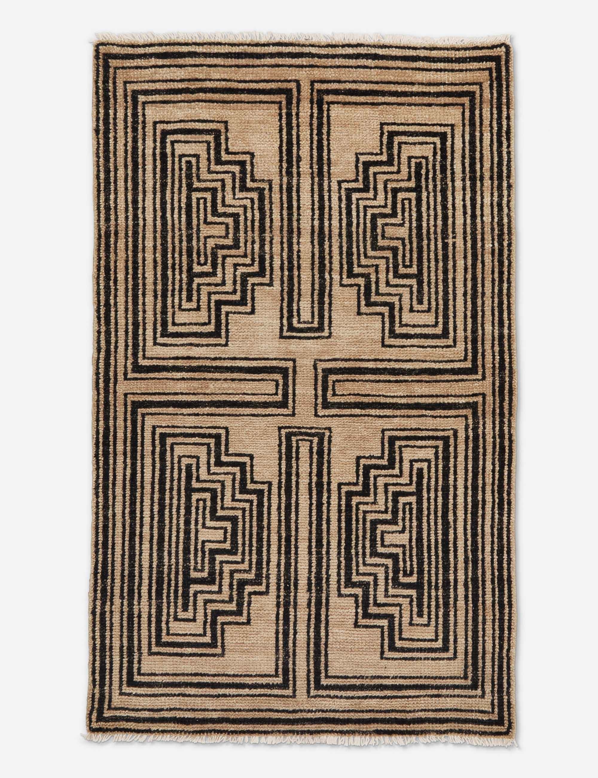 Senna neutral hand-knotted wool area rug with black geometric pattern