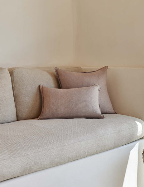 #color::dark-natural #style::square #fill type::with-feather-down-insert #fill type::pillow-cover-only | The arlo Dark Natural flax linen pillow in its lumber and square sizes sit together on a natural linen sofa