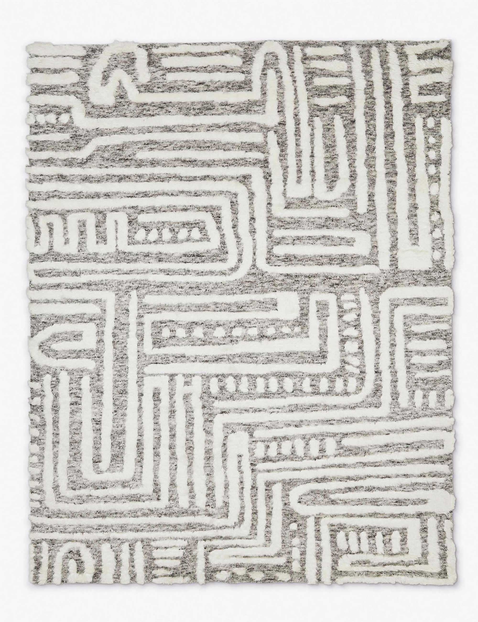 Braeburn gray hand-knotted wool rug with an ivory abstract pattern that creates a high-low pile texture and is made in India