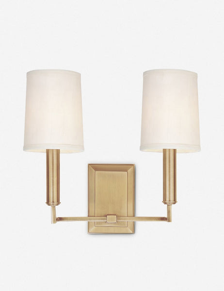 #color::brass | Charlie brass double sconce with parchment shades and angular arms