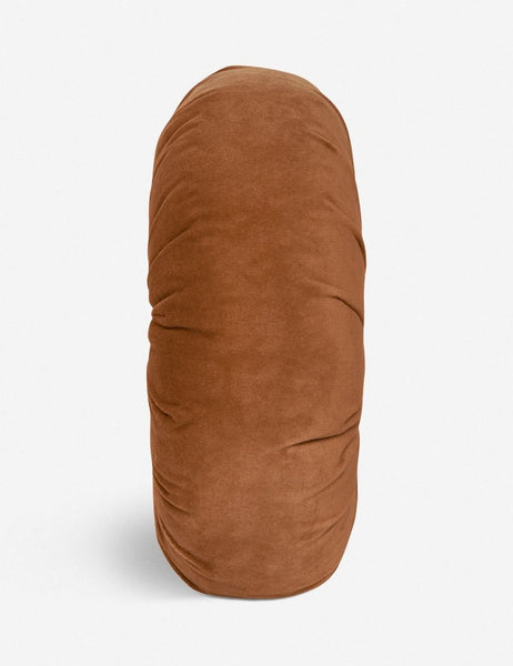 #color::burnt-orange | Side view of the Monroe burnt orange velvet round pillow