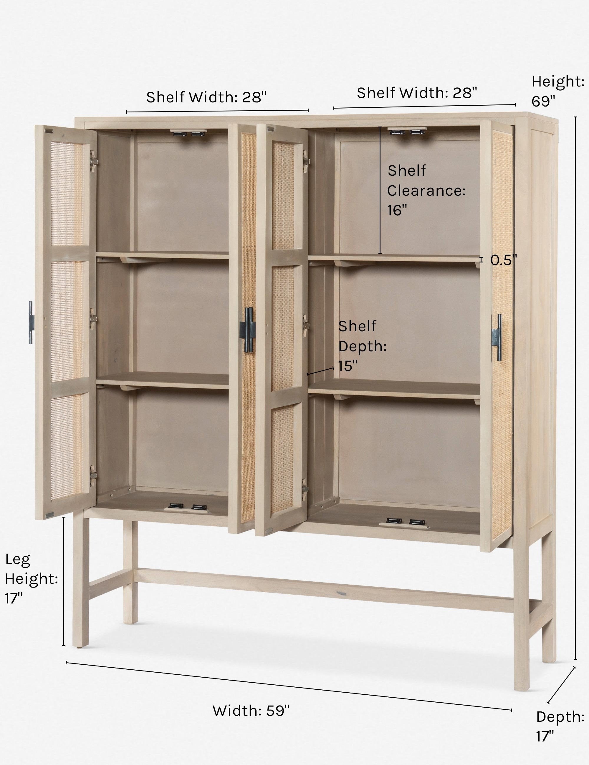 Dimensions on the Hannah whitewashed mango wood cabinet with cane doors
