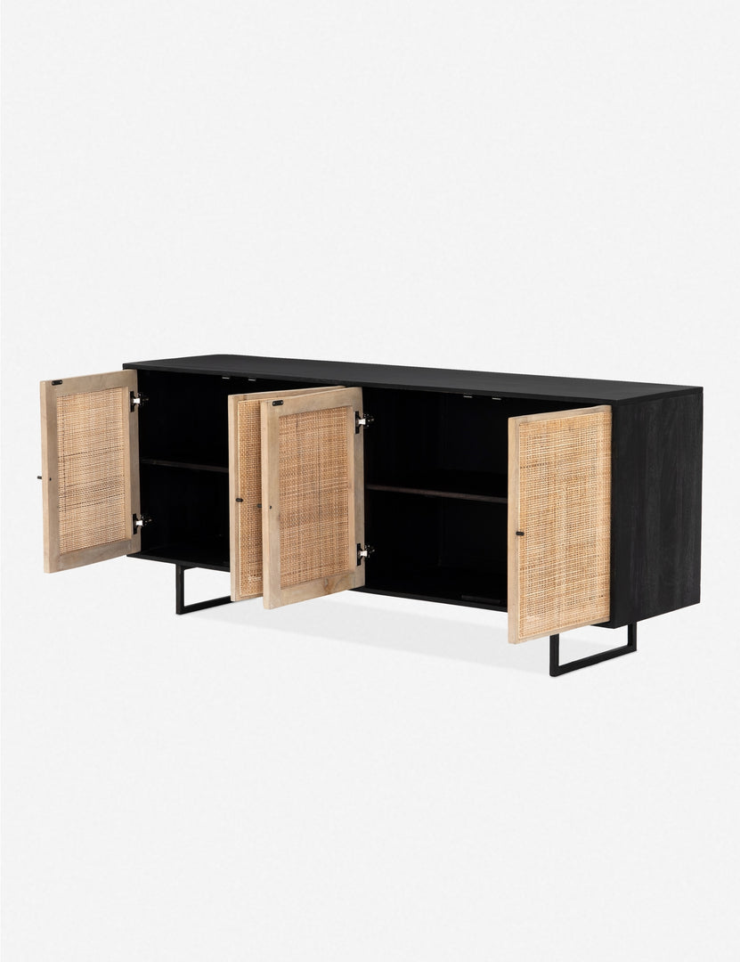 #color::black-and-natural | All four cane doors open on the Hannah black mango wood sideboard with cane doors and an iron base, revealing the inner shelving.