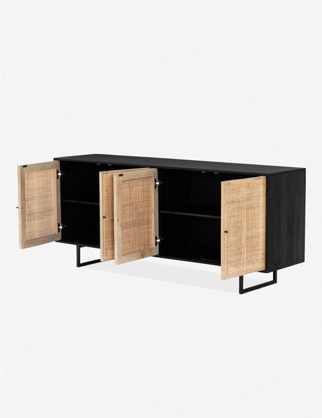#color::black-and-natural | All four cane doors open on the Hannah black mango wood sideboard with cane doors and an iron base, revealing the inner shelving.
