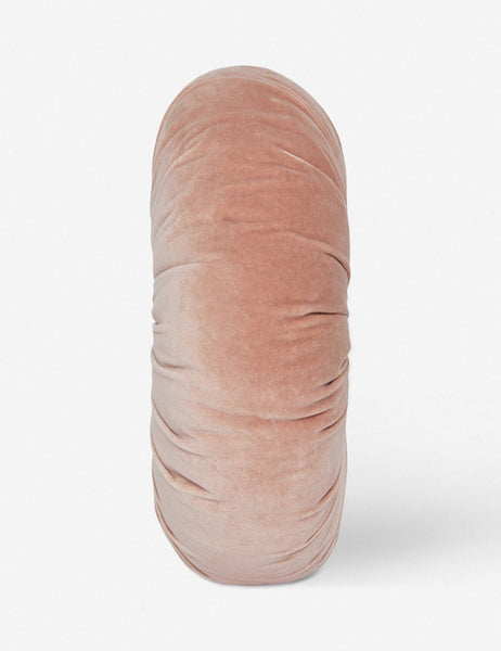 #color::rosewater | Side view of the Monroe rosewater pink velvet round pillow
