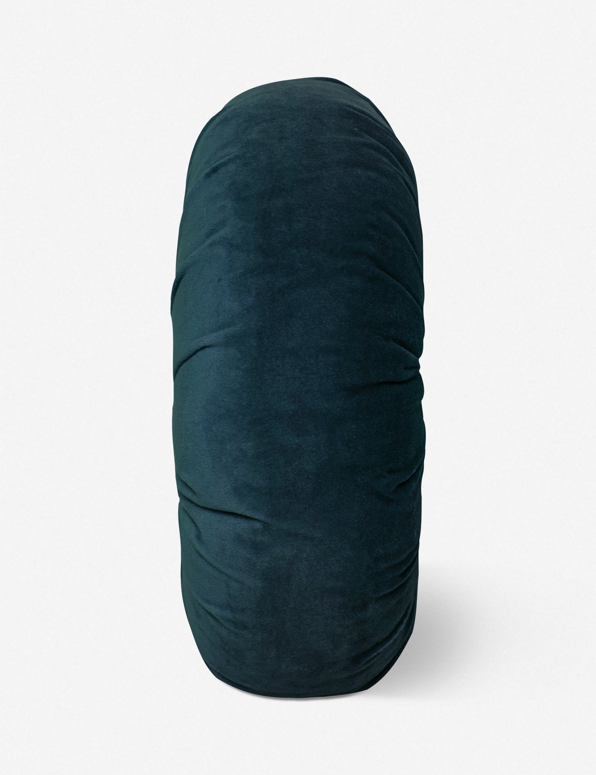 Side view of the Monroe navy blue velvet round pillow