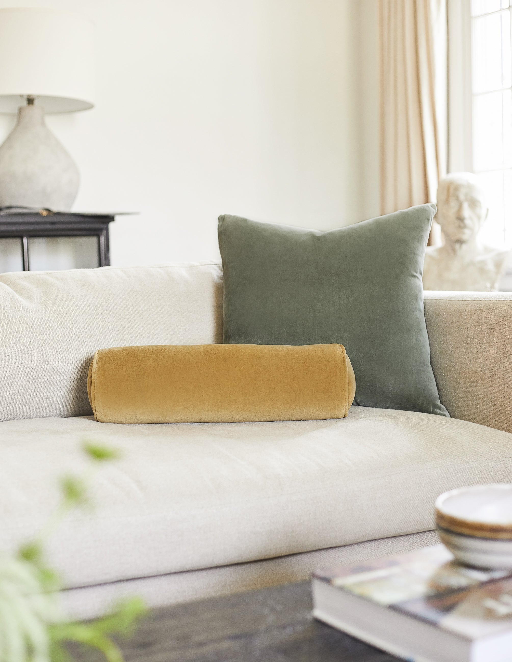 Sabine mustard yellow velvet cylindrical bolster