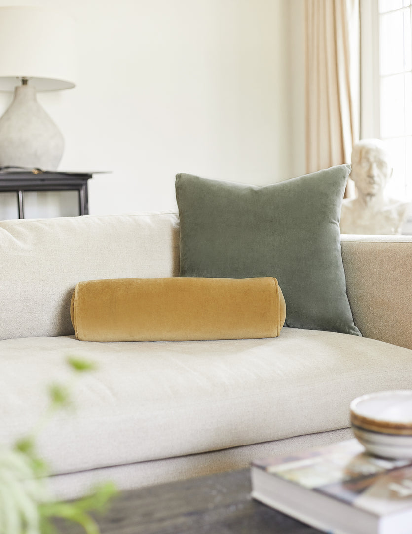 #color::mustard | Sabine mustard yellow velvet cylindrical bolster