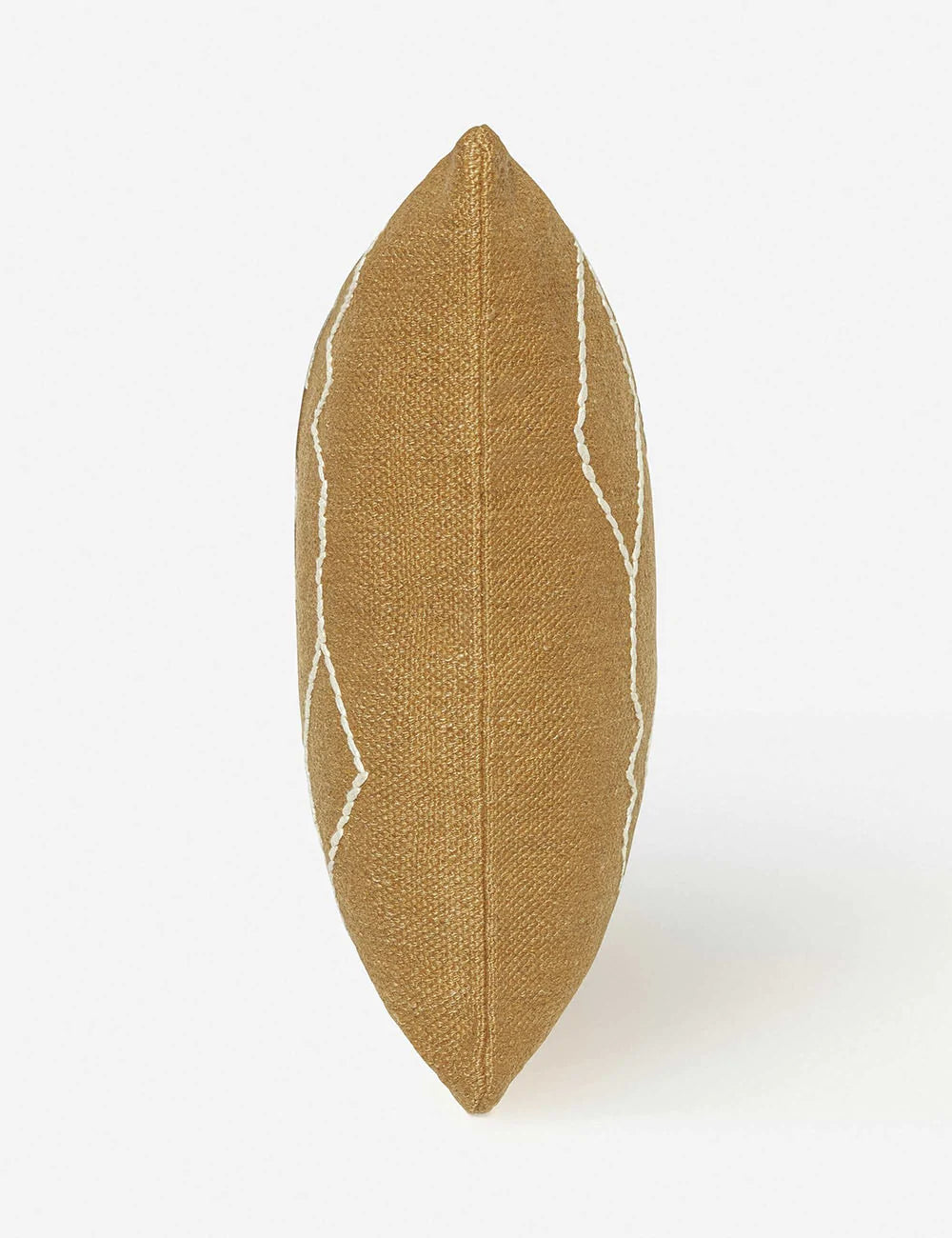 Side view of the Moroccan ochre and natural beni ourain inspired square flat weave pillow by Sarah Sherman Samuel